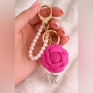 Pink Floral Keychain/ bag charm with Pearl Accents & bow